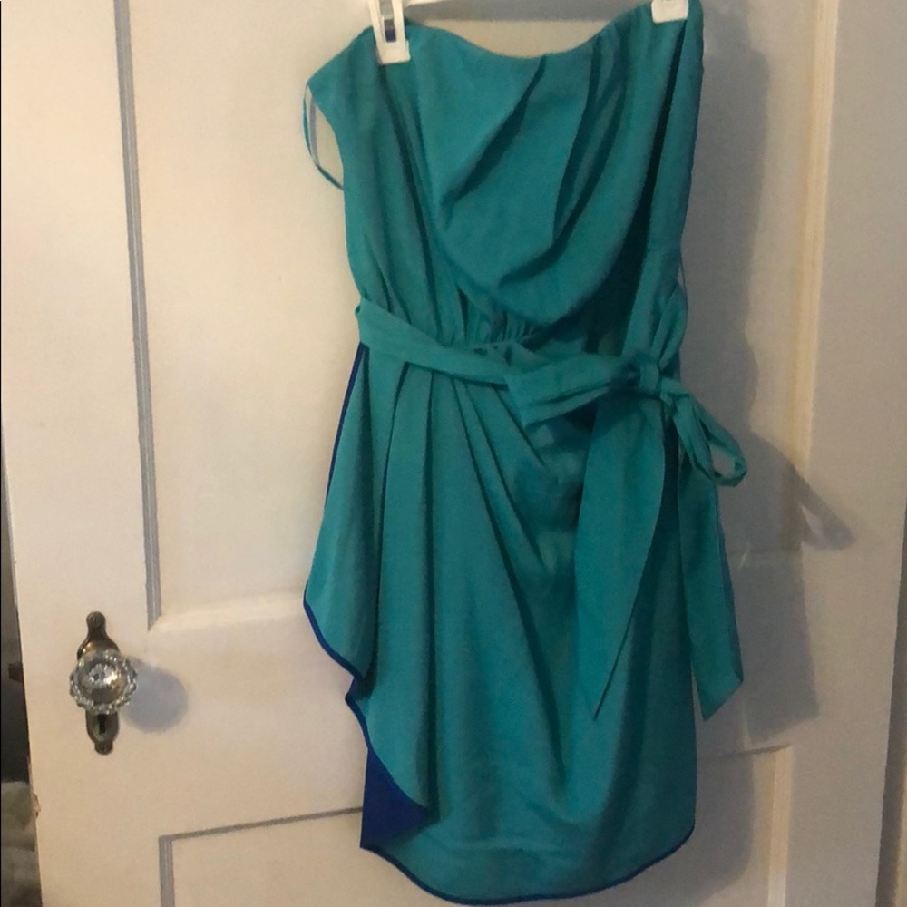 Teal and blue strapless dress